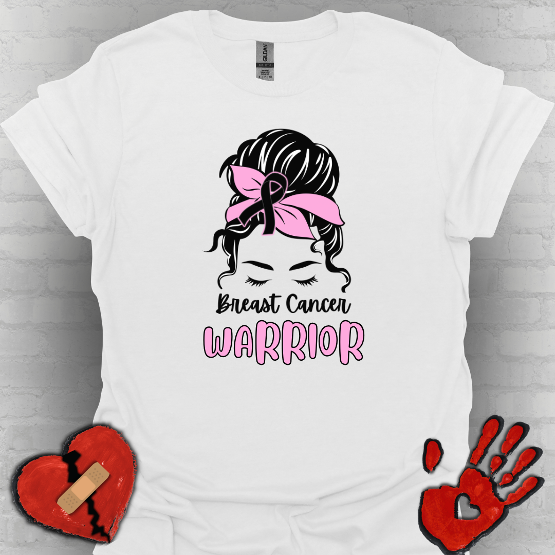 Breast Cancer Warrior – Messy Bun Awareness Ribbon Tee