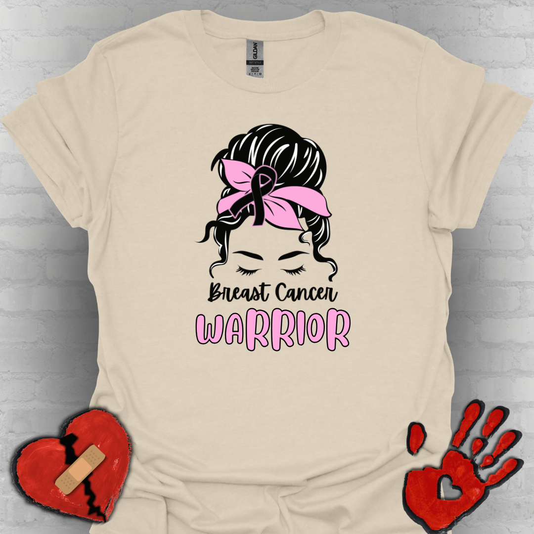 Breast Cancer Warrior – Messy Bun Awareness Ribbon Tee