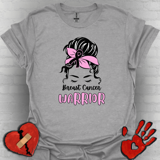 Breast Cancer Warrior – Messy Bun Awareness Ribbon Tee